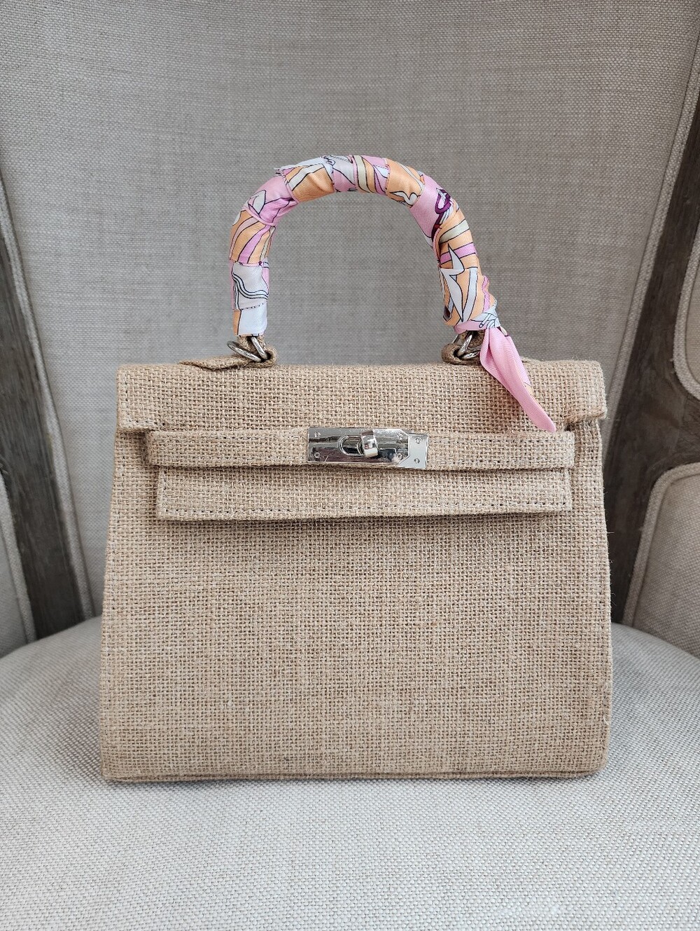 Hermès-inspired Linen/Burlap Summer Bag w Silk Twilly